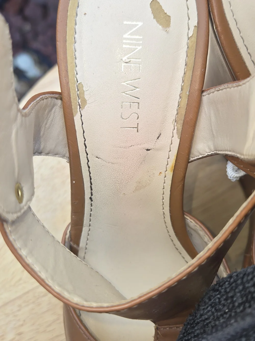 Nine West Tan Leather Platform T-Strap Heels